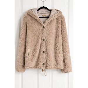 Democracy Faux Fur Hooded Jacket Tan Button Front Cozy Warm Size M
